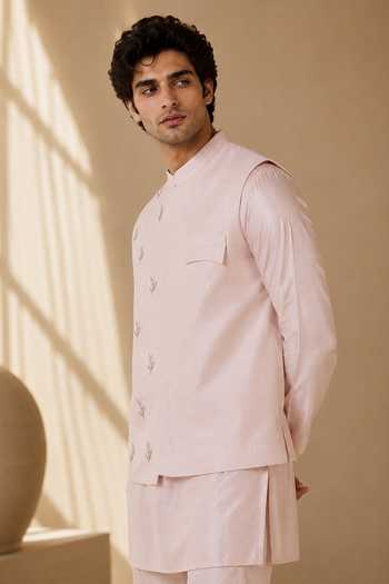Shop Mayank Modi - Men Pink Silk, Bemberg The Rose And Silver Sprig Embroidered Nehru Jacket Online at Aza Fashions Shop_Mayank Modi - Men_Pink Silk, Bemberg The Rose And Silver Sprig Embroidered Nehru Jacket _Online_at_Aza_Fashions