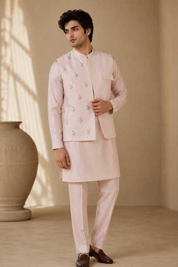 Mayank Modi - Men Pink Silk, Bemberg The Rose And Silver Sprig Embroidered Nehru Jacket at Aza Fashions Mayank Modi - Men_Pink Silk, Bemberg The Rose And Silver Sprig Embroidered Nehru Jacket _at_Aza_Fashions
