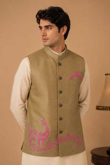 Mayank Modi - Men The Olive Tapenade & Dragonfruit Nehru Jacket