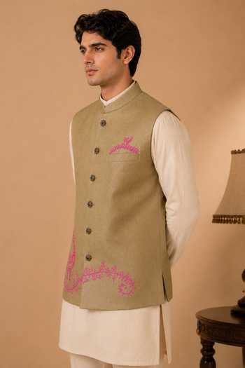 Mayank Modi - Men Gold Silk, Linen The Olive Tapenade And Dragonfruit Nehru Jacket Online at Aza Fashions Mayank Modi - Men_Gold Silk, Linen The Olive Tapenade And Dragonfruit Nehru Jacket _Online_at_Aza_Fashions