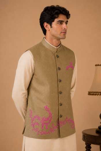 Buy Mayank Modi - Men Gold Silk, Linen The Olive Tapenade And Dragonfruit Nehru Jacket Online at Aza Fashions Buy_Mayank Modi - Men_Gold Silk, Linen The Olive Tapenade And Dragonfruit Nehru Jacket _Online_at_Aza_Fashions