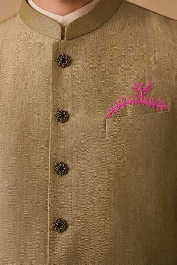 Shop Mayank Modi - Men Gold Silk, Linen The Olive Tapenade And Dragonfruit Nehru Jacket Online at Aza Fashions Shop_Mayank Modi - Men_Gold Silk, Linen The Olive Tapenade And Dragonfruit Nehru Jacket _Online_at_Aza_Fashions