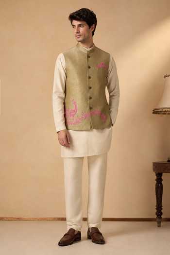 Mayank Modi - Men Gold Silk, Linen The Olive Tapenade And Dragonfruit Nehru Jacket at Aza Fashions Mayank Modi - Men_Gold Silk, Linen The Olive Tapenade And Dragonfruit Nehru Jacket _at_Aza_Fashions