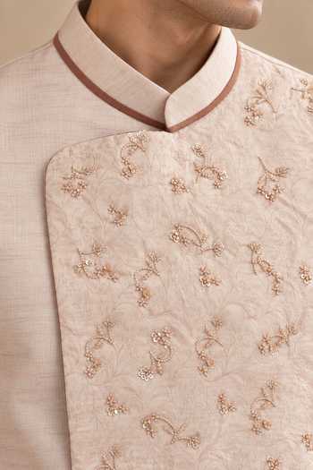 Mayank Modi - Men Pink Silk, Linen, Jacquard The Rose Macaron Nehru Jacket Online at Aza Fashions Mayank Modi - Men_Pink Silk, Linen, Jacquard The Rose Macaron Nehru Jacket _Online_at_Aza_Fashions
