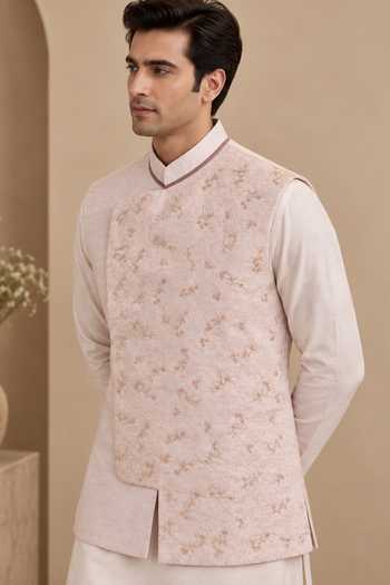 Buy Mayank Modi - Men Pink Silk, Linen, Jacquard The Rose Macaron Nehru Jacket Online at Aza Fashions Buy_Mayank Modi - Men_Pink Silk, Linen, Jacquard The Rose Macaron Nehru Jacket _Online_at_Aza_Fashions