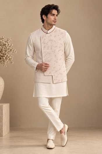 Shop Mayank Modi - Men Pink Silk, Linen, Jacquard The Rose Macaron Nehru Jacket Online at Aza Fashions Shop_Mayank Modi - Men_Pink Silk, Linen, Jacquard The Rose Macaron Nehru Jacket _Online_at_Aza_Fashions