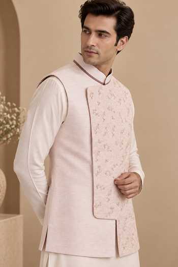 Mayank Modi - Men Pink Silk, Linen, Jacquard The Rose Macaron Nehru Jacket at Aza Fashions Mayank Modi - Men_Pink Silk, Linen, Jacquard The Rose Macaron Nehru Jacket _at_Aza_Fashions
