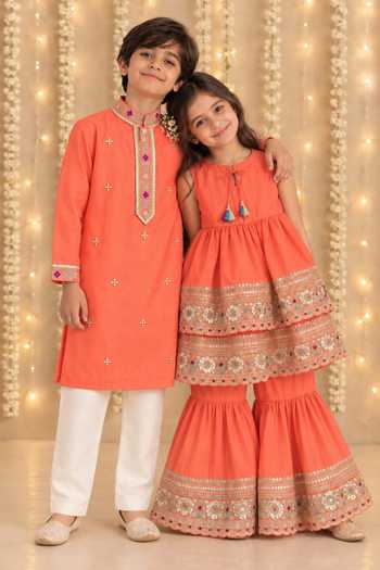 MI Dulce An'Ya Coral Cotton, Chanderi Embroidered Top And Layered Sharara Set Online at Aza Fashions MI Dulce An'Ya_Coral Cotton, Chanderi Embroidered Top And Layered Sharara Set _Online_at_Aza_Fashions