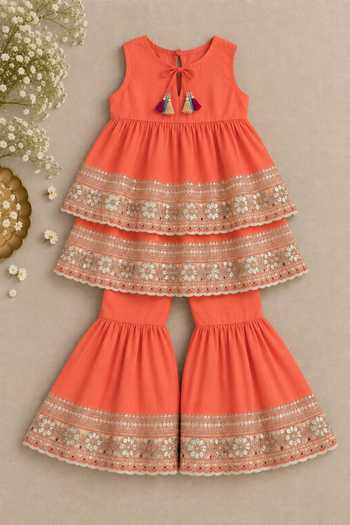 Buy MI Dulce An'Ya Coral Cotton, Chanderi Embroidered Top And Layered Sharara Set Online at Aza Fashions Buy_MI Dulce An'Ya_Coral Cotton, Chanderi Embroidered Top And Layered Sharara Set _Online_at_Aza_Fashions