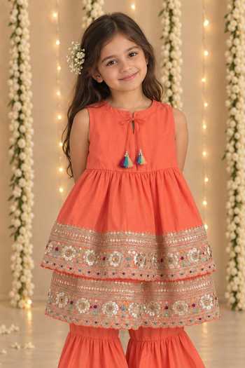 Shop MI Dulce An'Ya Coral Cotton, Chanderi Embroidered Top And Layered Sharara Set Online at Aza Fashions Shop_MI Dulce An'Ya_Coral Cotton, Chanderi Embroidered Top And Layered Sharara Set _Online_at_Aza_Fashions
