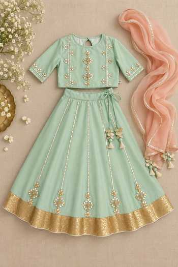 MI Dulce An'Ya_Green Cotton, Chanderi, Organza Gota Work Lehenga Set _Online_at_Aza_Fashions