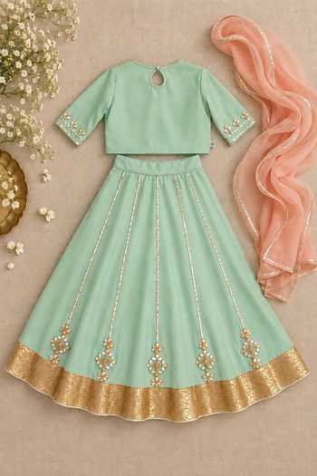 Buy_MI Dulce An'Ya_Green Cotton, Chanderi, Organza Gota Work Lehenga Set _Online_at_Aza_Fashions