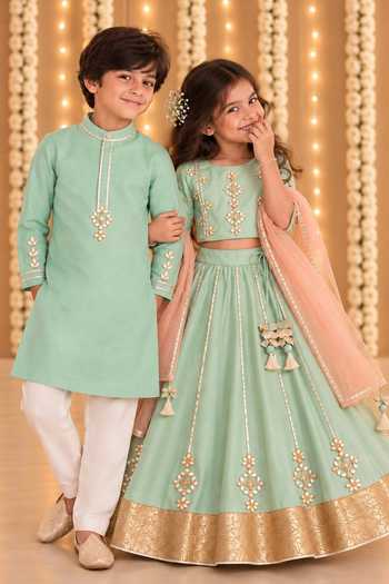 Shop_MI Dulce An'Ya_Green Cotton, Chanderi, Organza Gota Work Lehenga Set _Online_at_Aza_Fashions