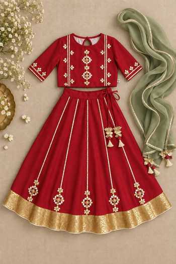 Buy MI Dulce An'Ya Red Cotton, Chanderi, Organza Gota Embroidered Lehenga Set Online at Aza Fashions Buy_MI Dulce An'Ya_Red Cotton, Chanderi, Organza Gota Embroidered Lehenga Set _Online_at_Aza_Fashions