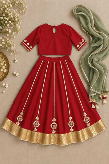 Shop MI Dulce An'Ya Red Cotton, Chanderi, Organza Gota Embroidered Lehenga Set Online at Aza Fashions Shop_MI Dulce An'Ya_Red Cotton, Chanderi, Organza Gota Embroidered Lehenga Set _Online_at_Aza_Fashions