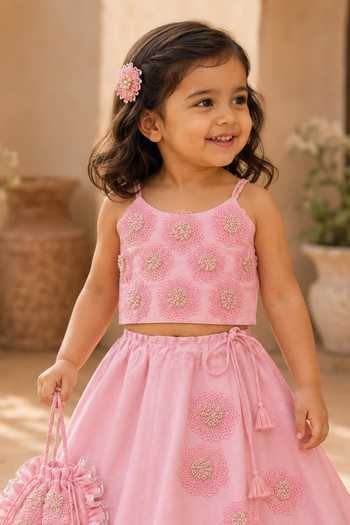 MI Dulce An'Ya Pink Cotton, Organza, Chanderi Flower Embroidered Lehenga And Top Set Online at Aza Fashions MI Dulce An'Ya_Pink Cotton, Organza, Chanderi Flower Embroidered Lehenga And Top Set _Online_at_Aza_Fashions