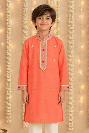 Buy MI Dulce An'Ya Coral Cotton, Chanderi Placket Embroidered Kurta Set Online at Aza Fashions Buy_MI Dulce An'Ya_Coral Cotton, Chanderi Placket Embroidered Kurta Set _Online_at_Aza_Fashions