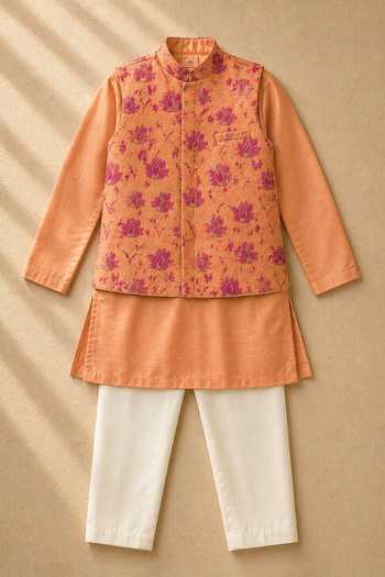 Shop_MI Dulce An'Ya_Orange Cotton, Chanderi Printed Bundi And Kurta Set _Online_at_Aza_Fashions