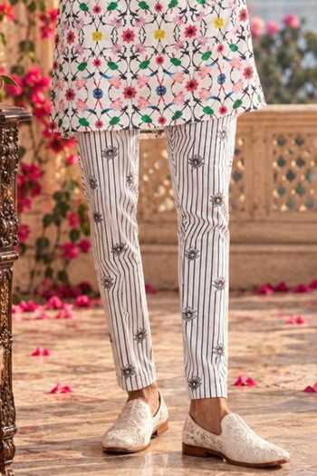 Mr. Ajay Kumar White Linen Basu Lotus Print Kurta Set Online at Aza Fashions Mr. Ajay Kumar_White Linen Basu Lotus Print Kurta Set _Online_at_Aza_Fashions