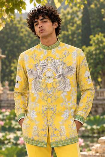 Mr. Ajay Kumar Yellow Cotton Rahasya Printed Shirt And Pant Set Online at Aza Fashions Mr. Ajay Kumar_Yellow Cotton Rahasya Printed Shirt And Pant Set _Online_at_Aza_Fashions