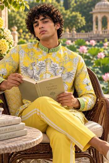 Buy Mr. Ajay Kumar Yellow Cotton Rahasya Printed Shirt And Pant Set Online at Aza Fashions Buy_Mr. Ajay Kumar_Yellow Cotton Rahasya Printed Shirt And Pant Set _Online_at_Aza_Fashions