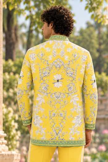 Shop Mr. Ajay Kumar Yellow Cotton Rahasya Printed Shirt And Pant Set Online at Aza Fashions Shop_Mr. Ajay Kumar_Yellow Cotton Rahasya Printed Shirt And Pant Set _Online_at_Aza_Fashions