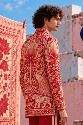 Mr. Ajay Kumar Red Cotton Ramenez Heritage Print Shirt Online at Aza Fashions Mr. Ajay Kumar_Red Cotton Ramenez Heritage Print Shirt _Online_at_Aza_Fashions