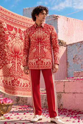 Shop Mr. Ajay Kumar Red Cotton Ramenez Heritage Print Shirt Online at Aza Fashions Shop_Mr. Ajay Kumar_Red Cotton Ramenez Heritage Print Shirt _Online_at_Aza_Fashions