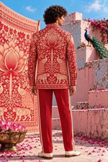 Mr. Ajay Kumar Red Cotton Ramenez Heritage Print Shirt at Aza Fashions Mr. Ajay Kumar_Red Cotton Ramenez Heritage Print Shirt _at_Aza_Fashions