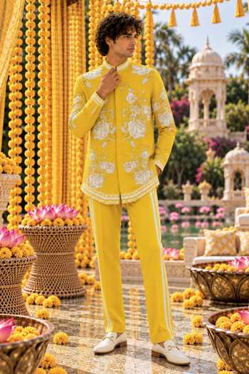 Mr. Ajay Kumar Bharat Yellow Printed Shirt & Pant Set 