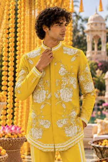 Mr. Ajay Kumar Yellow Cotton Bharat Printed Shirt And Pant Set Online at Aza Fashions Mr. Ajay Kumar_Yellow Cotton Bharat Printed Shirt And Pant Set _Online_at_Aza_Fashions