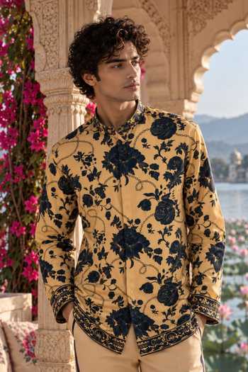 Mr. Ajay Kumar Beige Cotton Aakrosh Midnight Floral Print Shirt And Pant Set Online at Aza Fashions Mr. Ajay Kumar_Beige Cotton Aakrosh Midnight Floral Print Shirt And Pant Set _Online_at_Aza_Fashions