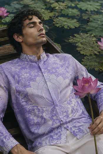 Shop_Mr. Ajay Kumar_Lavender Cotton Ruhan Printed Shirt _Online_at_Aza_Fashions