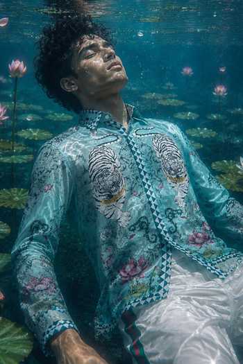 Mr. Ajay Kumar Aqua Cotton Aavesh Lotus Tiger Shirt Online at Aza Fashions Mr. Ajay Kumar_Aqua Cotton Aavesh Lotus Tiger Shirt _Online_at_Aza_Fashions