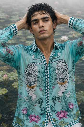 Buy Mr. Ajay Kumar Aqua Cotton Aavesh Lotus Tiger Shirt Online at Aza Fashions Buy_Mr. Ajay Kumar_Aqua Cotton Aavesh Lotus Tiger Shirt _Online_at_Aza_Fashions