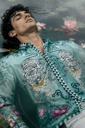 Shop Mr. Ajay Kumar Aqua Cotton Aavesh Lotus Tiger Shirt Online at Aza Fashions Shop_Mr. Ajay Kumar_Aqua Cotton Aavesh Lotus Tiger Shirt _Online_at_Aza_Fashions