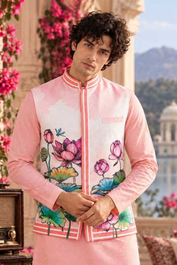 Mr. Ajay Kumar Kairav Lotus Bloom Print Cotton Nehru Jacket