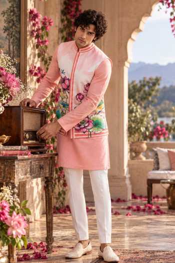Mr. Ajay Kumar Peach Cotton Kairav Lotus Bloom Print Nehru Jacket Online at Aza Fashions Mr. Ajay Kumar_Peach Cotton Kairav Lotus Bloom Print Nehru Jacket _Online_at_Aza_Fashions