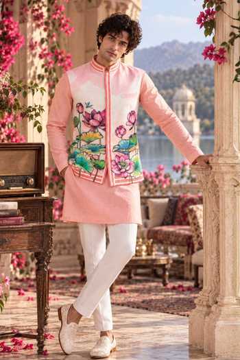 Buy Mr. Ajay Kumar Peach Cotton Kairav Lotus Bloom Print Nehru Jacket Online at Aza Fashions Buy_Mr. Ajay Kumar_Peach Cotton Kairav Lotus Bloom Print Nehru Jacket _Online_at_Aza_Fashions