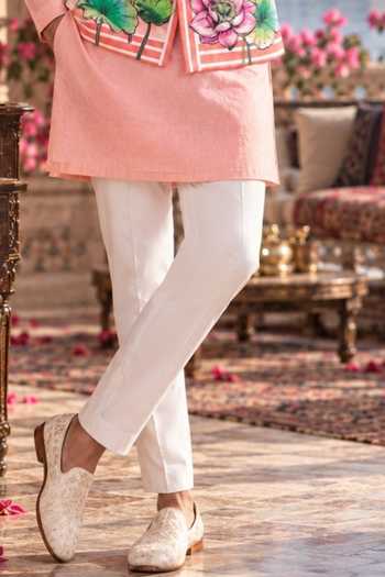 Mr. Ajay Kumar Peach Cotton Kairav Lotus Bloom Print Bundi And Kurta Set at Aza Fashions Mr. Ajay Kumar_Peach Cotton Kairav Lotus Bloom Print Bundi And Kurta Set _at_Aza_Fashions