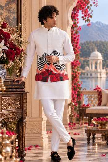 Mr. Ajay Kumar White Cotton Ojas Rose Print Nehru Jacket Online at Aza Fashions Mr. Ajay Kumar_White Cotton Ojas Rose Print Nehru Jacket _Online_at_Aza_Fashions