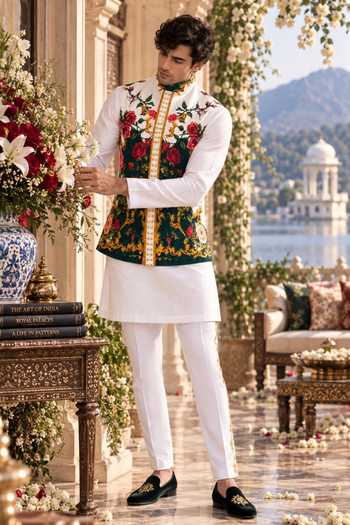 Mr. Ajay Kumar Kanishk Bloom Print Bundi & Kurta Set