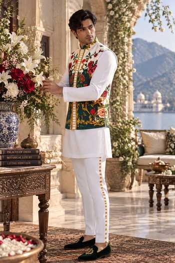 Mr. Ajay Kumar White Cotton Kanishk Bloom Print Bundi And Kurta Set Online at Aza Fashions Mr. Ajay Kumar_White Cotton Kanishk Bloom Print Bundi And Kurta Set _Online_at_Aza_Fashions