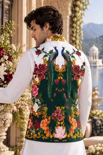 Mr. Ajay Kumar White Cotton Kanishk Bloom Print Bundi And Kurta Set at Aza Fashions Mr. Ajay Kumar_White Cotton Kanishk Bloom Print Bundi And Kurta Set _at_Aza_Fashions