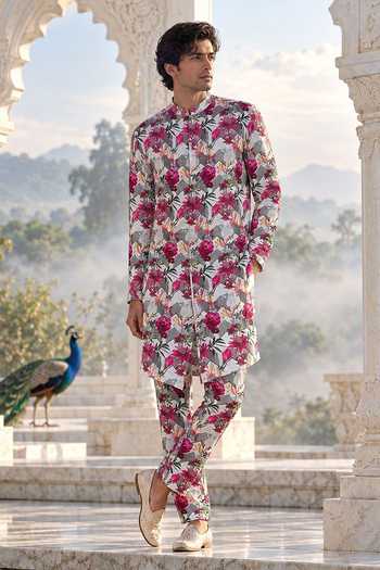 Mr. Ajay Kumar White Linen Arz Floral Print Kurta And Pant Co-ord Set Online at Aza Fashions Mr. Ajay Kumar_White Linen Arz Floral Print Kurta And Pant Co-ord Set _Online_at_Aza_Fashions