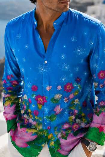 Mr. Ajay Kumar Blue Cotton Canvas Bloom Print Shirt Online at Aza Fashions Mr. Ajay Kumar_Blue Cotton Canvas Bloom Print Shirt _Online_at_Aza_Fashions