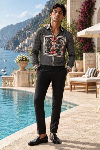 Mr. Ajay Kumar Black Cotton Arnaut Geometric Floral Print Shirt Online at Aza Fashions Mr. Ajay Kumar_Black Cotton Arnaut Geometric Floral Print Shirt _Online_at_Aza_Fashions