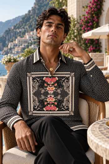 Buy Mr. Ajay Kumar Black Cotton Arnaut Geometric Floral Print Shirt Online at Aza Fashions Buy_Mr. Ajay Kumar_Black Cotton Arnaut Geometric Floral Print Shirt _Online_at_Aza_Fashions