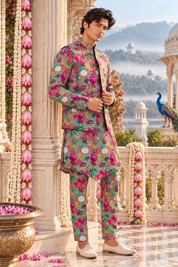Mr. Ajay Kumar Green Linen Sayan Lotus Print Nehru Jacket Online at Aza Fashions Mr. Ajay Kumar_Green Linen Sayan Lotus Print Nehru Jacket _Online_at_Aza_Fashions
