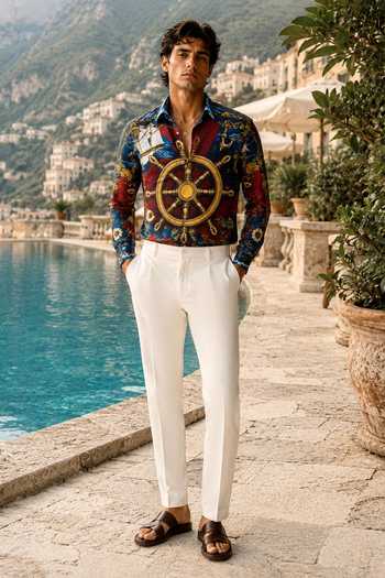 Mr. Ajay Kumar Blue Cotton Shipwheel Printed Shirt Online at Aza Fashions Mr. Ajay Kumar_Blue Cotton Shipwheel Printed Shirt _Online_at_Aza_Fashions